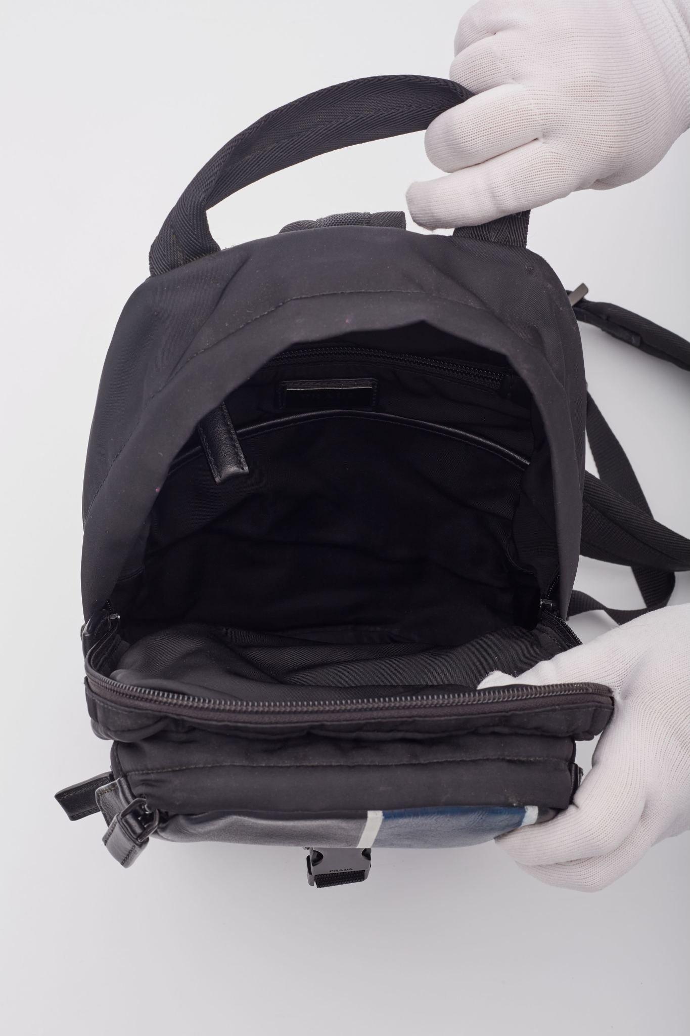Prada Leather & Tessuto Nylon Black Blue Sling Backpack For Sale 3