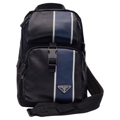 Prada Leather & Tessuto Nylon Black Blue Sling Backpack