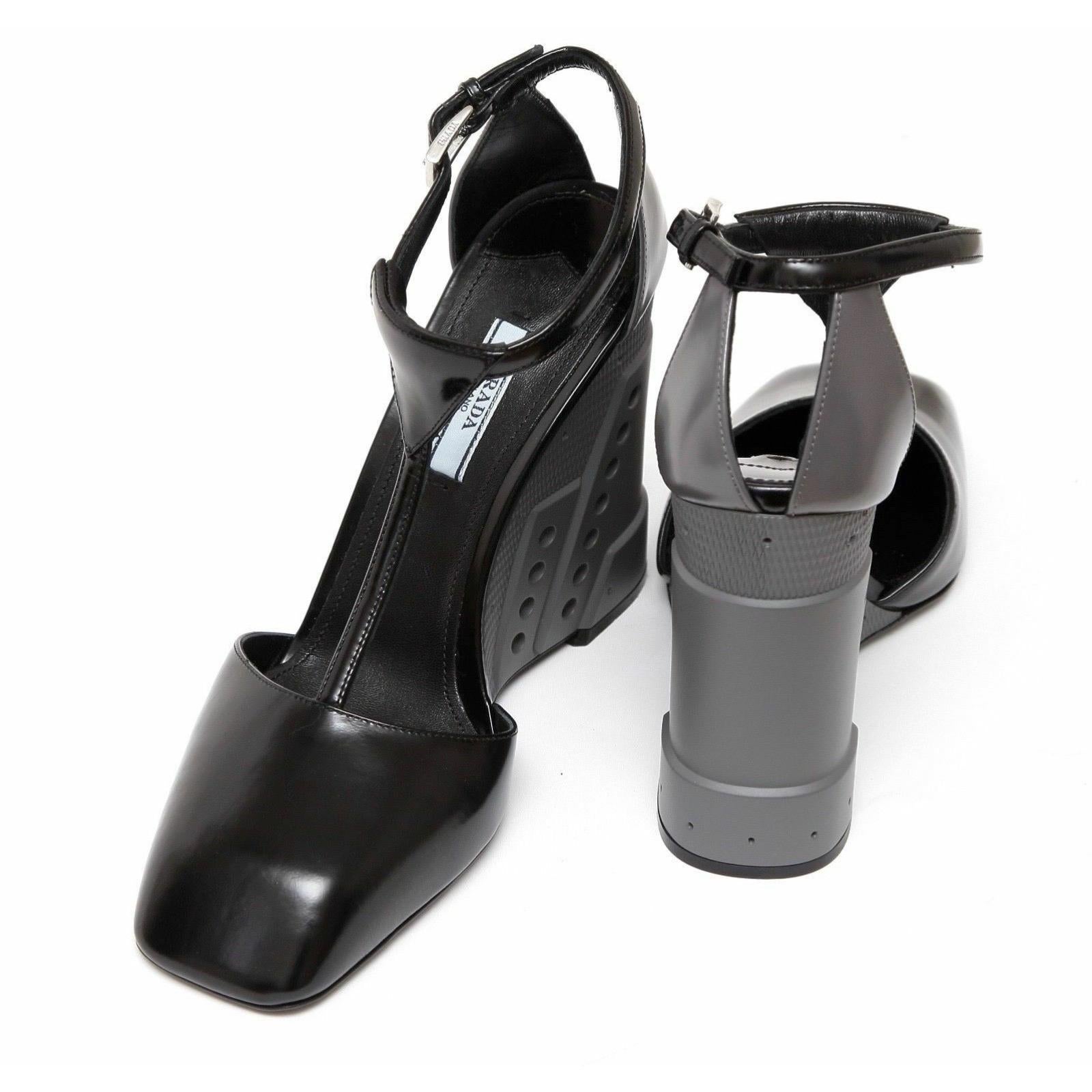 PRADA Wedge Sandal T-Strap Pump Shoe Black Grey Resin Silver Buckle 39.5 NEW For Sale 3
