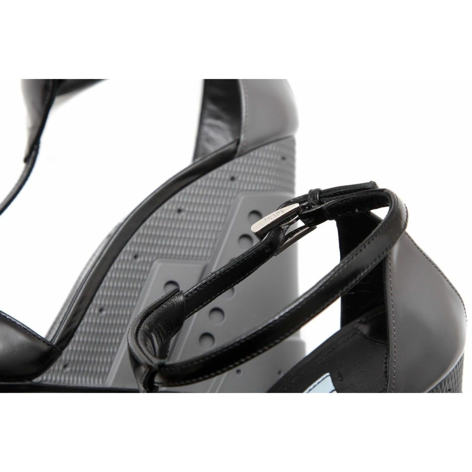 PRADA Wedge Sandal T-Strap Pump Shoe Black Grey Resin Silver Buckle 39.5 NEW For Sale 4