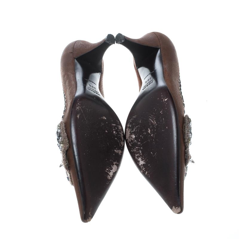 Black Prada Leather Whipstitch Detail Crystal Embellished Pointed Toe Pumps Size 36.5