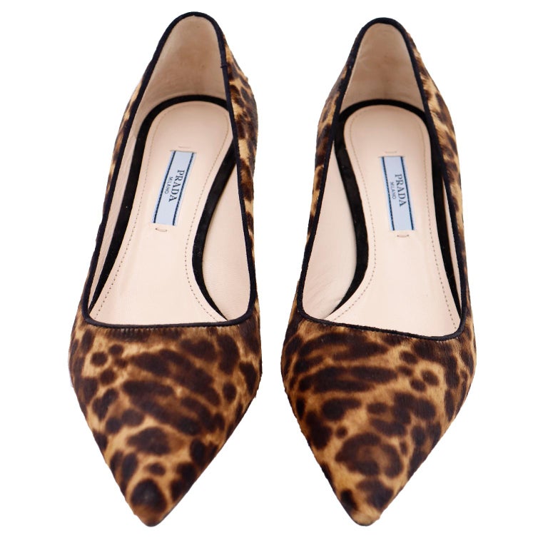 Prada Leopard Print Pony Fur Kitten Heel Shoes with Original Box & Bags In Excellent Condition For Sale In Portland, OR