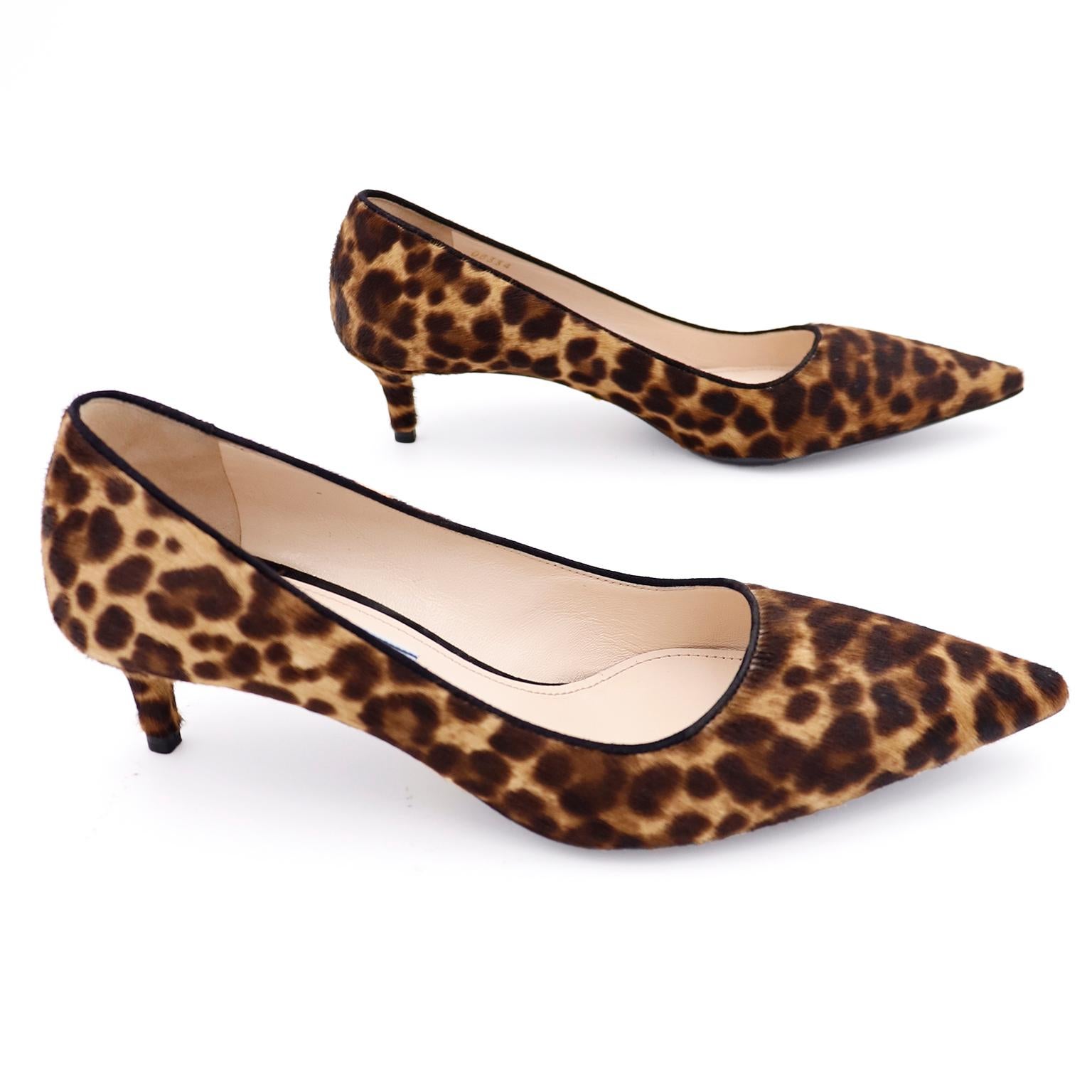Prada Leopard Print Pony Fur Kitten Heel Shoes with Original Box & Bags In Excellent Condition In Portland, OR