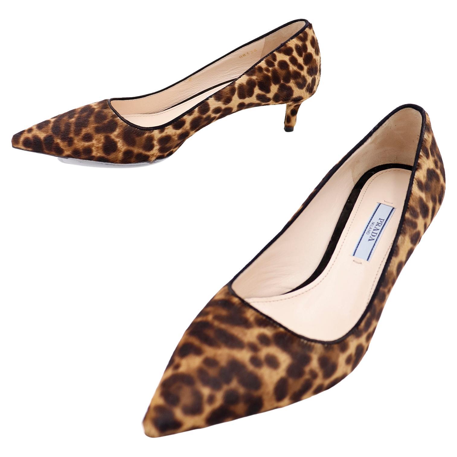 Prada Leopard Print Pony Fur Kitten Heel Shoes with Original Box and Bags  For Sale at 1stDibs