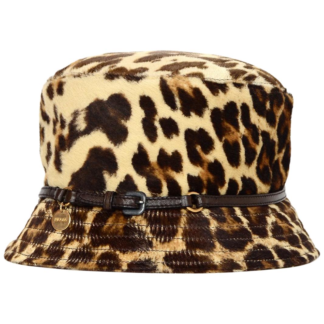 Prada Leopard Print Pony Hair Bucket Hat W/ Leather Trim Sz M