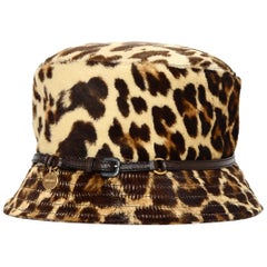 Prada Leopard Print Pony Hair Bucket Hat W/ Leather Trim Sz M