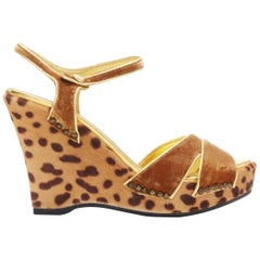 PRADA Leopardenmuster Ponyhaar Gold Samtband Plateau Keilabsatz EU36,5