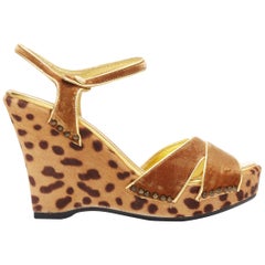 PRADA leopard print pony hair gold velvet strap platform wedge heel EU36.5