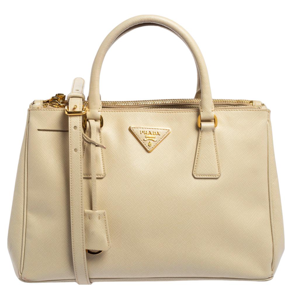 Prada Light Beige Saffiano Lux Leather Small Double Zip Tote