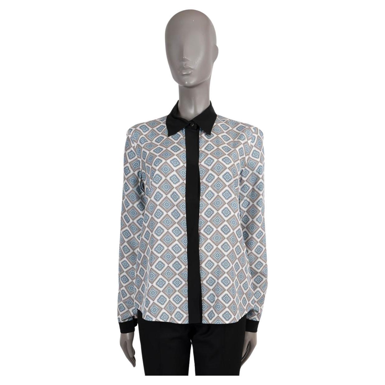 PRADA light blue black white silk GEOMETRIC SPECIAL EDITION Blouse Shirt 42 M For Sale