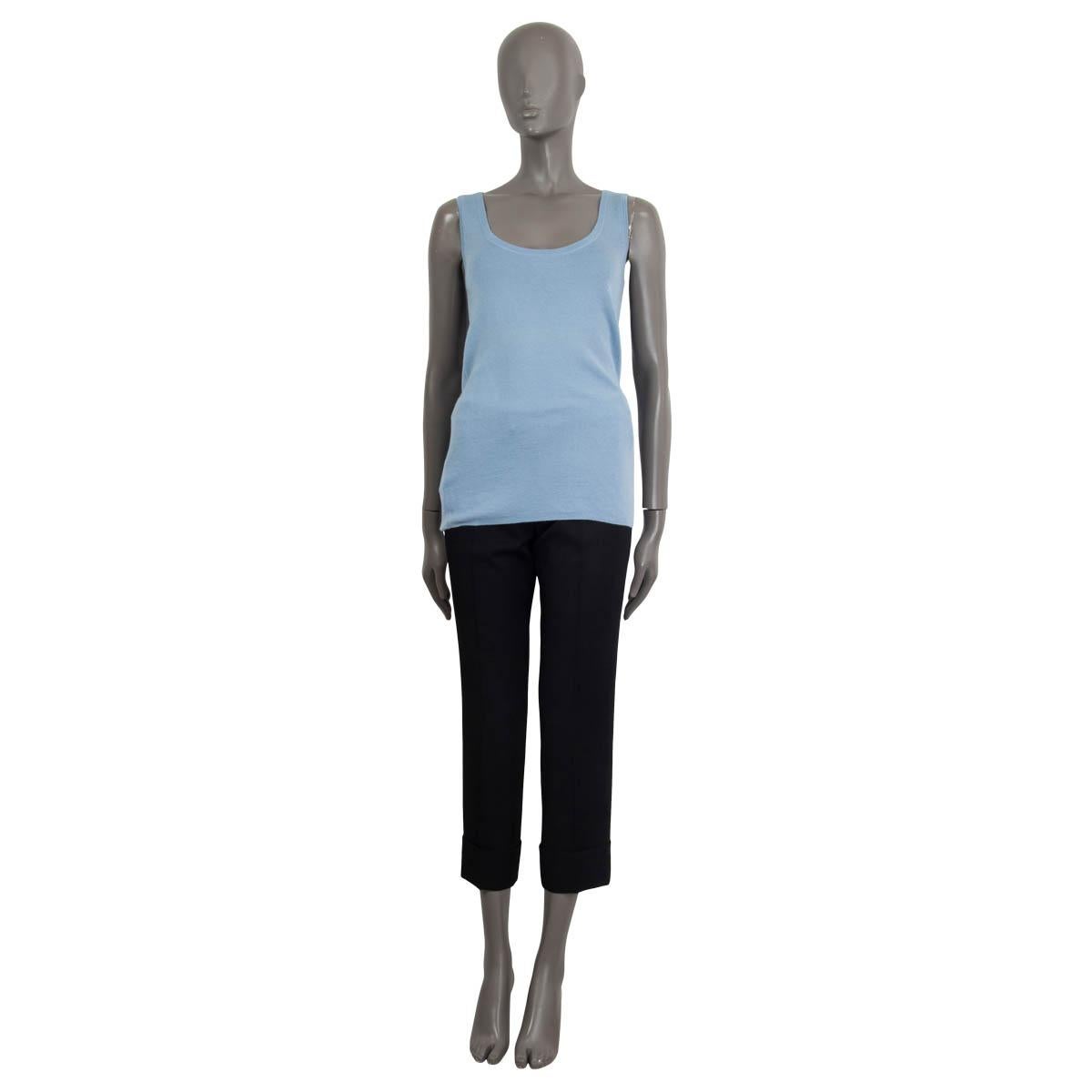 100% authentic Prada sleeveless top in light blue cashmere (70%) and silk (30%). Comes with a round neck. Unlined. Has a pulled thread on the front otherwise in excellent condition. Matching cardigan available in separate listing.

Measurements
Tag
