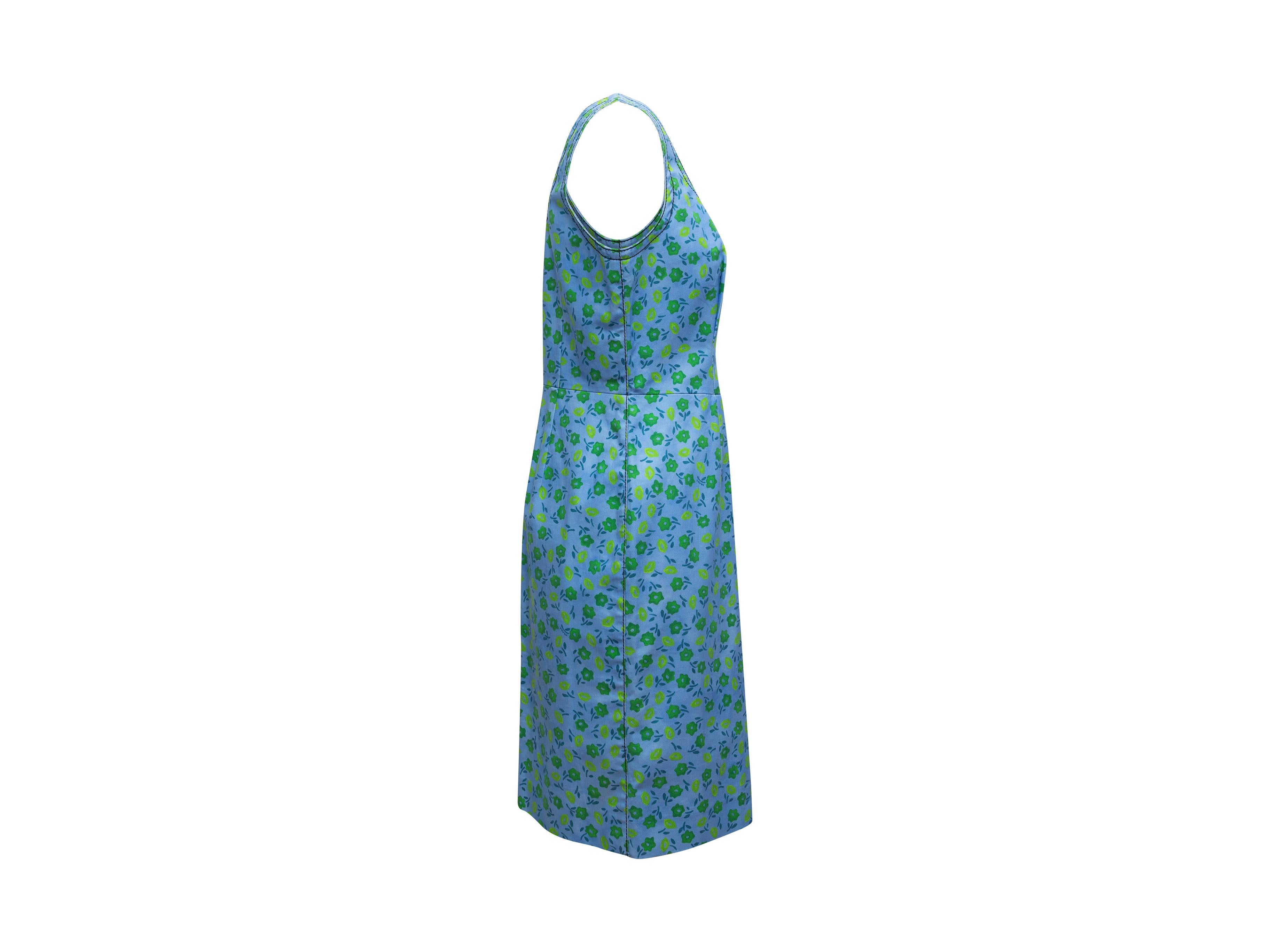Prada Light Blue & Green Floral Print Sleeveless Dress In Excellent Condition In New York, NY
