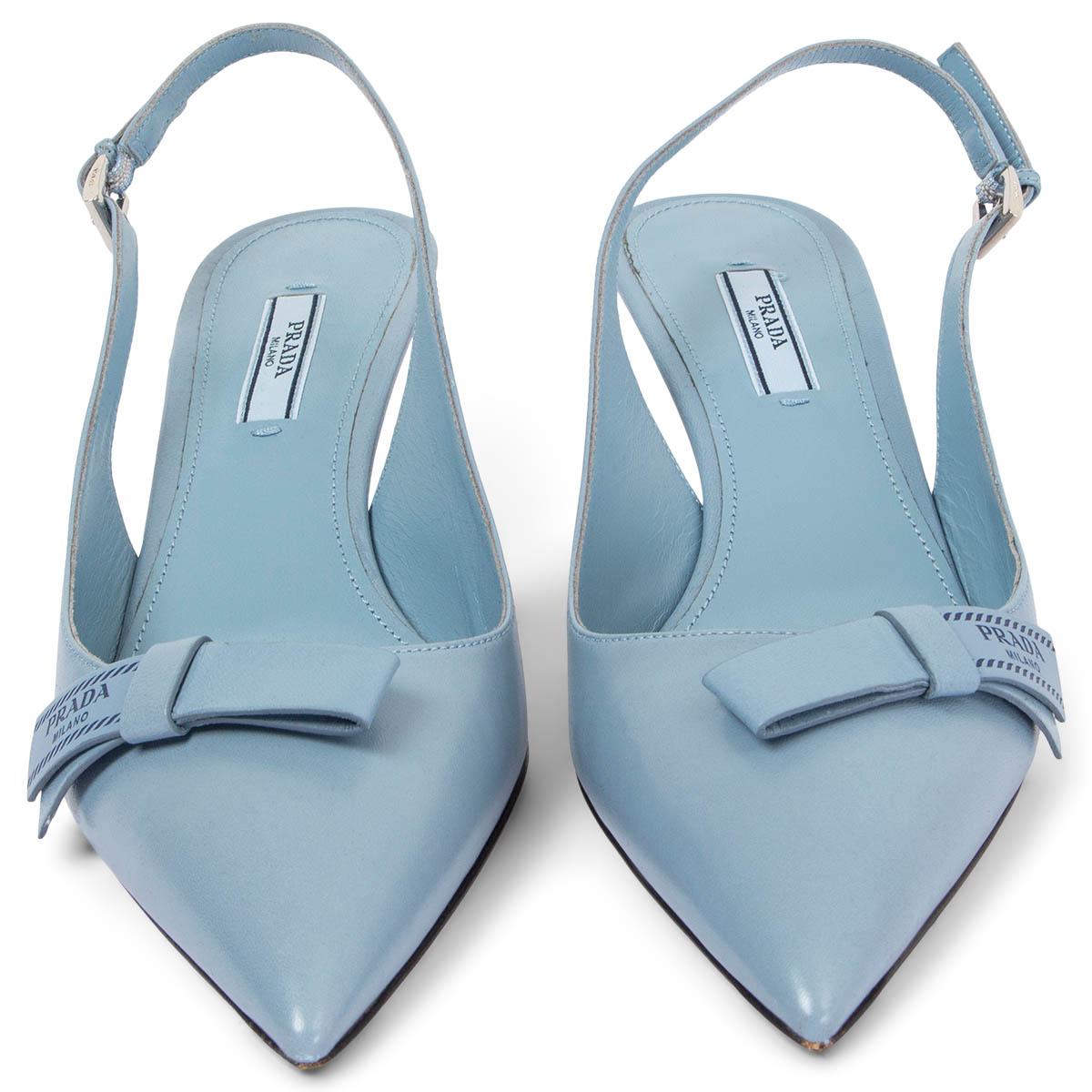 100% authentic Prada pointed-toe kitten-heel slingbacks in smooth baby blue calfskin featuring logo bow-detail. Have been worn once ot twice and are in excellent condition. Come with dust bag.

Measurements
Imprinted Size	40
Shoe Size	40
Inside