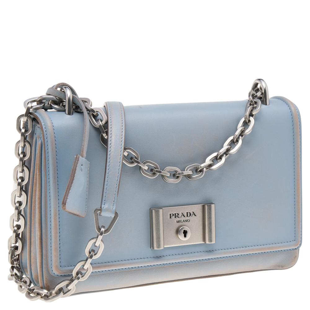 Prada Light Blue Leather Metal Closure Shoulder Bag 1