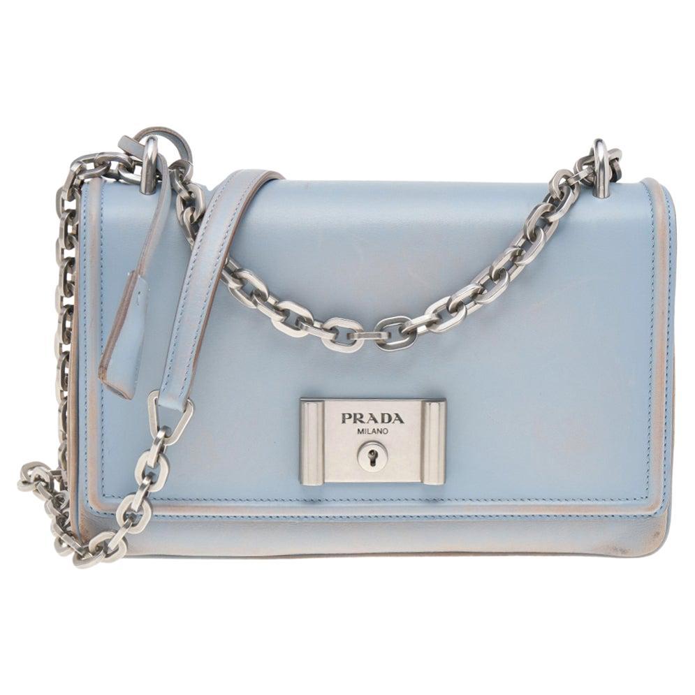 Prada Light Blue Leather Metal Closure Shoulder Bag