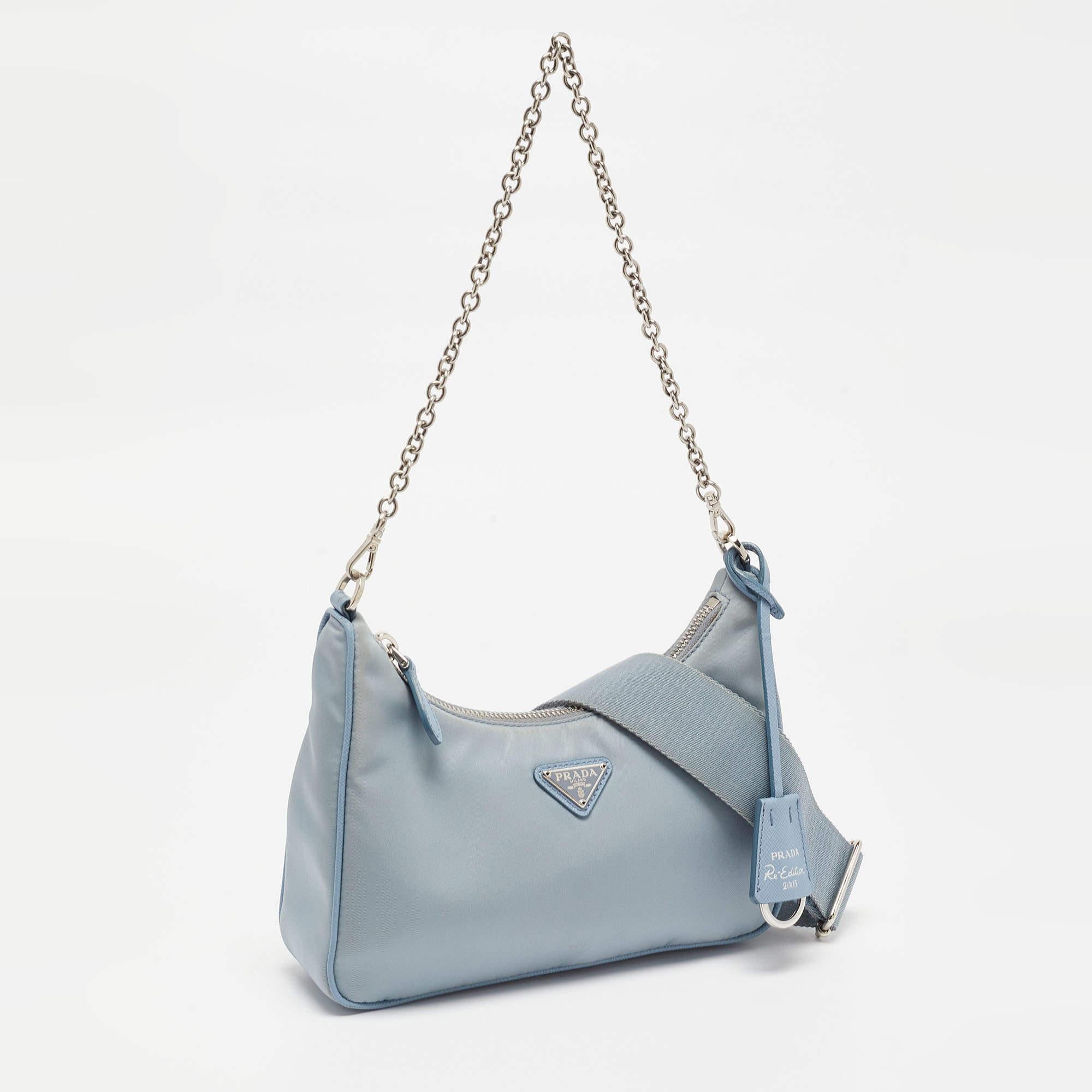 Prada Light Blue Nylon and Leather Re-Edition 2005 Baguette Bag In Good Condition In Dubai, Al Qouz 2