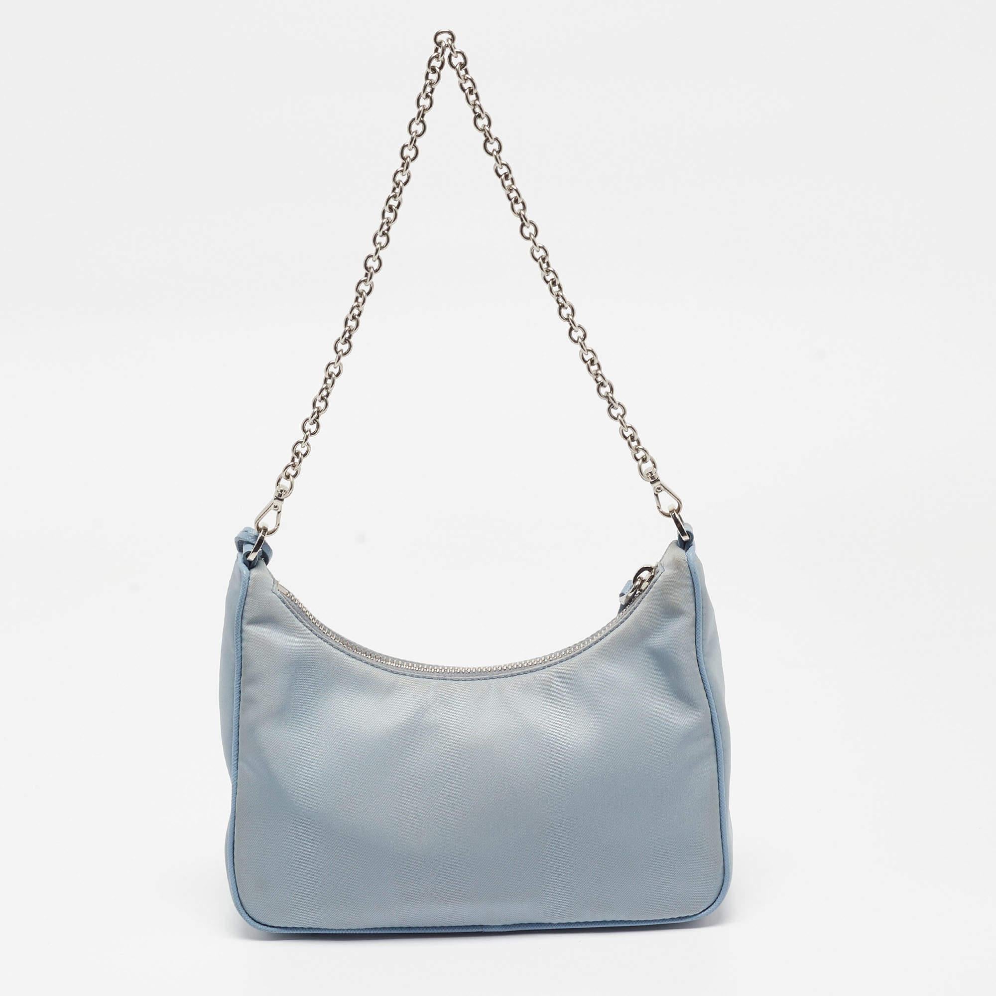 Women's Prada Light Blue Nylon and Leather Re-Edition 2005 Baguette Bag
