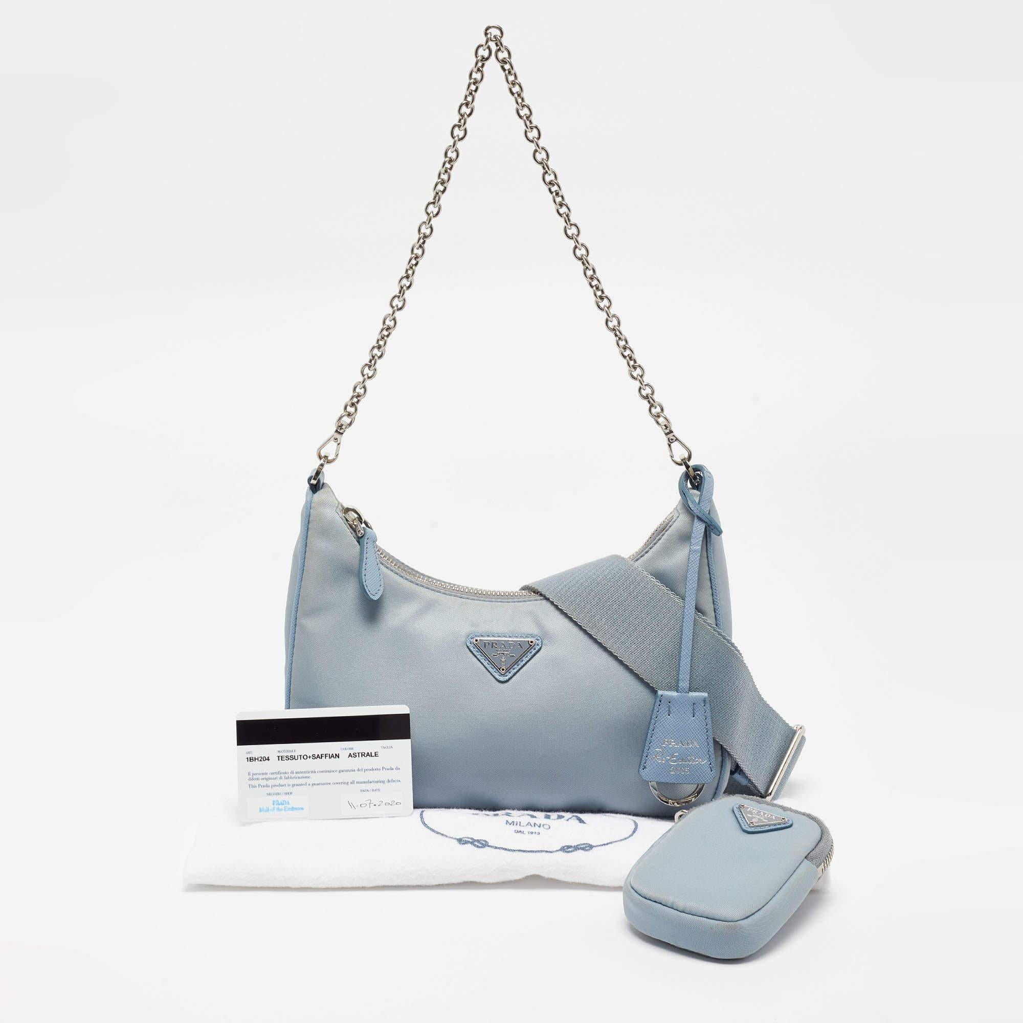 Prada Light Blue Nylon and Leather Re-Edition 2005 Baguette Bag 5