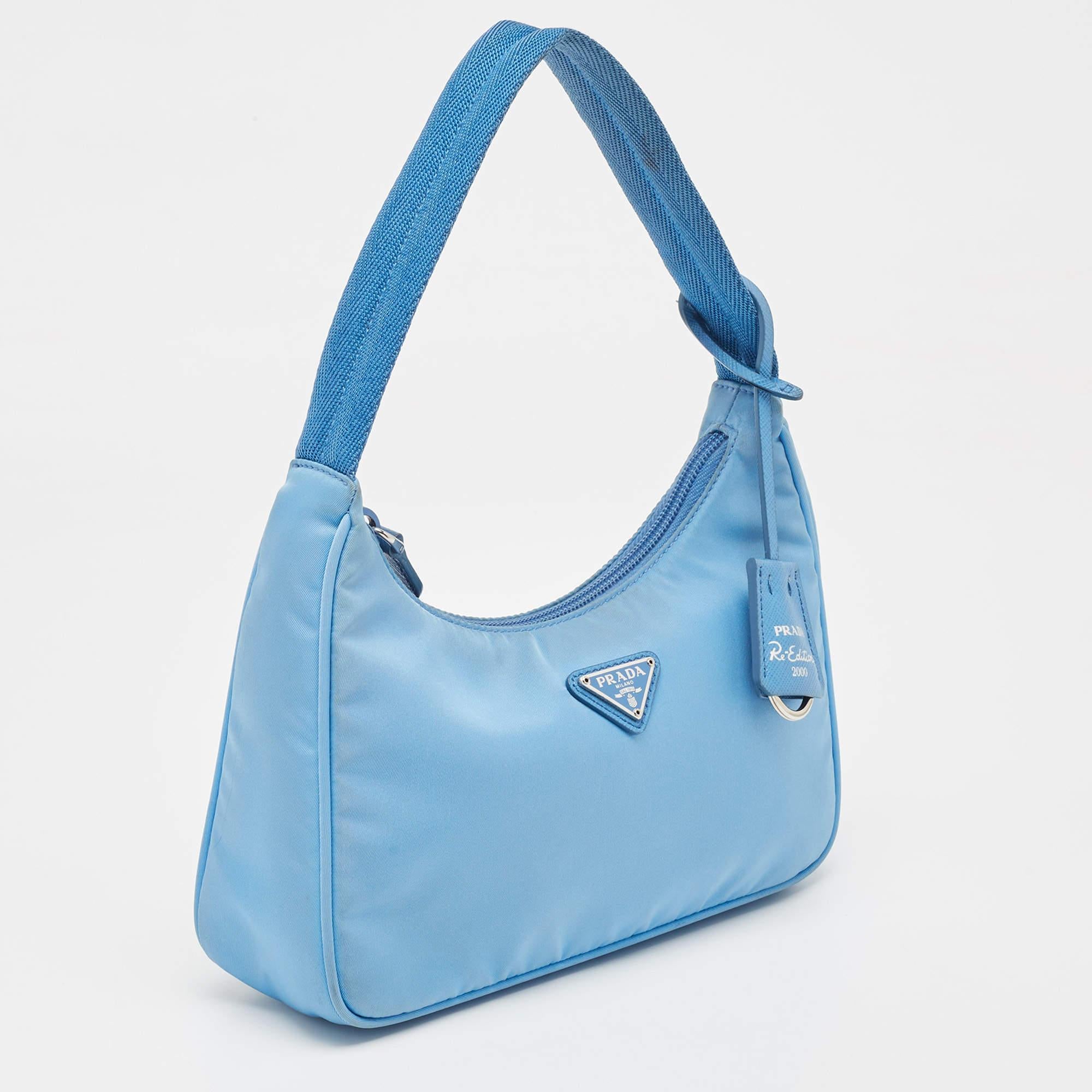 Prada Light Blue Nylon Re-Edition 2000 Baguette Bag For Sale 9