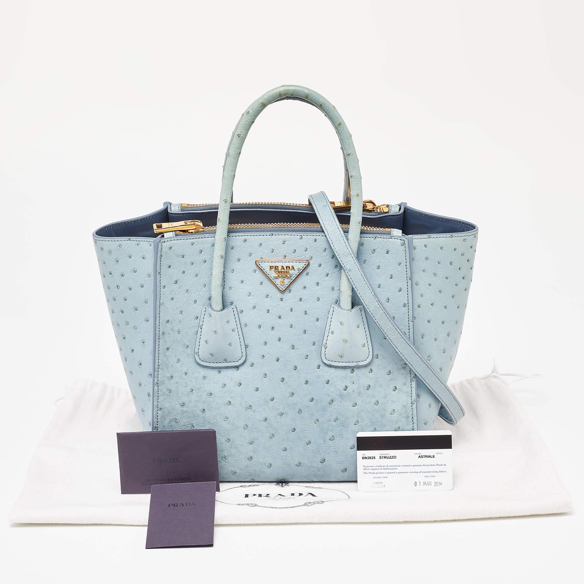 Prada Light Blue Ostrich Leather Struzzo Twin Pocket Tote For Sale 11