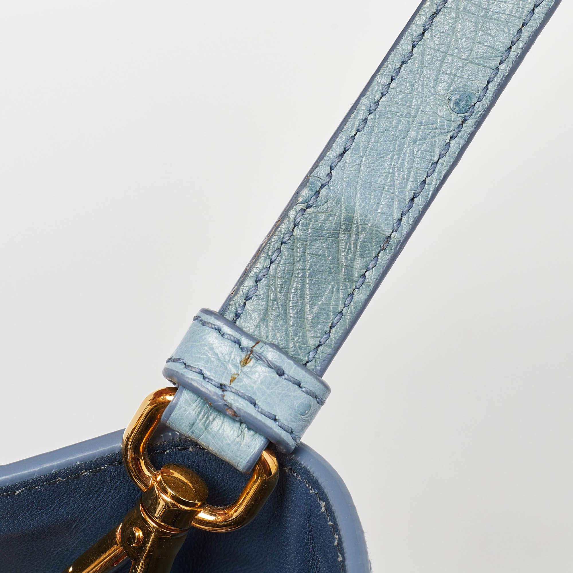 Women's Prada Light Blue Ostrich Leather Struzzo Twin Pocket Tote For Sale