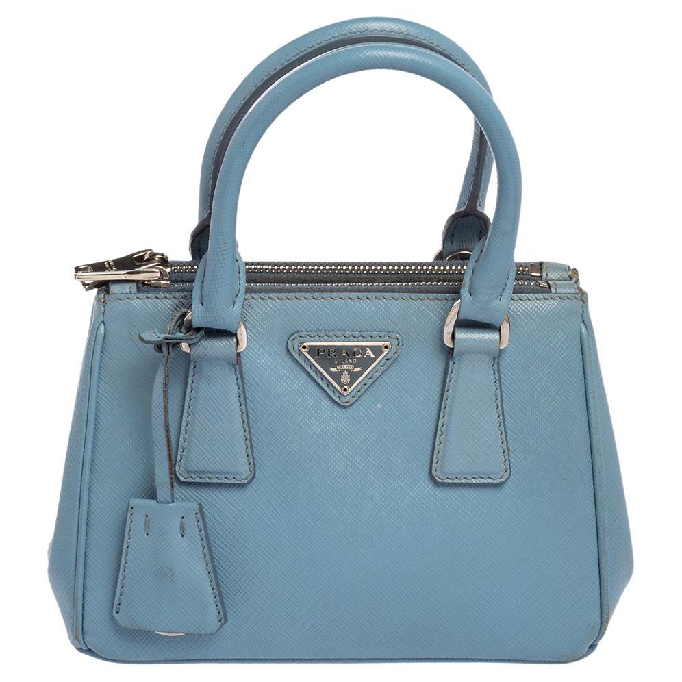 Prada Galleria Double-Zip Small Saffiano Leather Tote Bag Light Blue