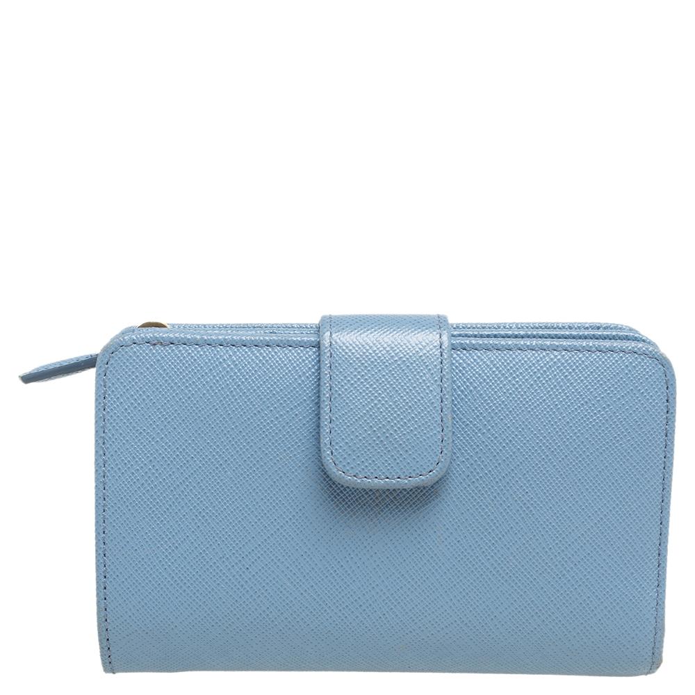 Prada Light Blue Saffiano Lux Leather Flap French Wallet 3