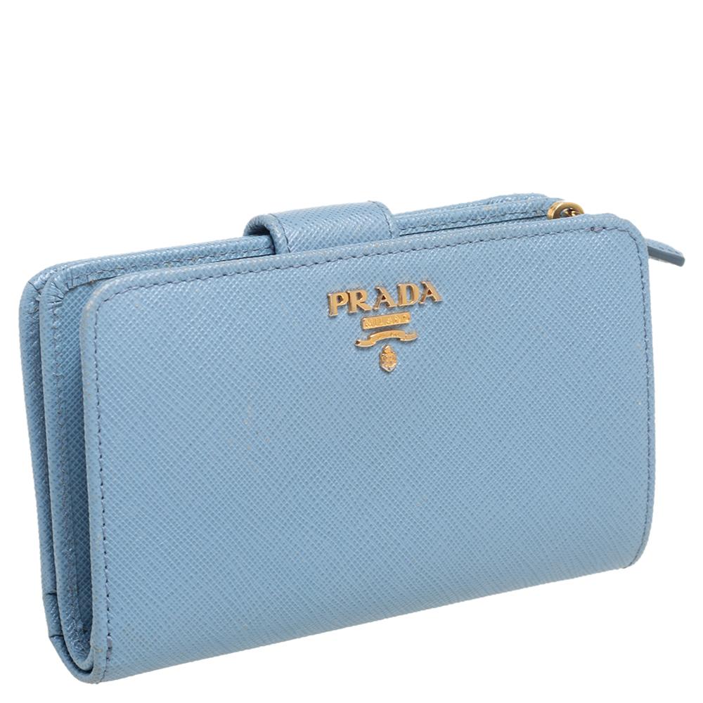 Prada Light Blue Saffiano Lux Leather Flap French Wallet 2
