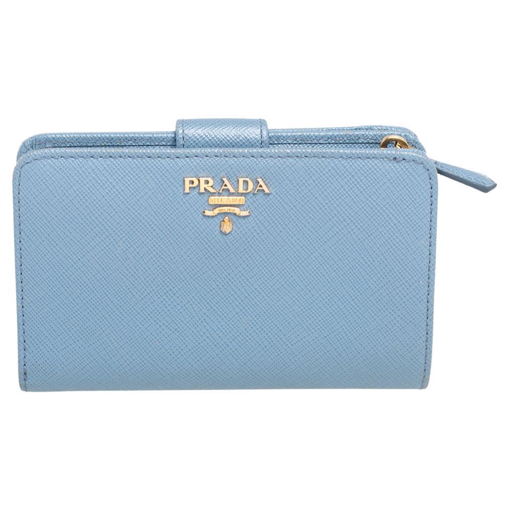 Prada Light Blue Saffiano Lux Leather Flap French Wallet For Sale at 1stDibs