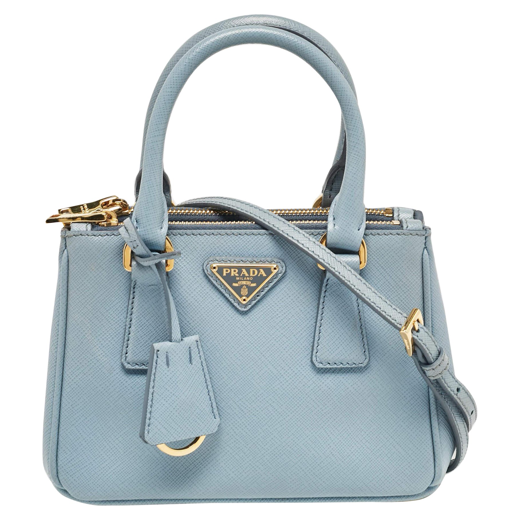 Prada Light Blue Saffiano Lux Leather Mini Double Zip Crossbody Bag