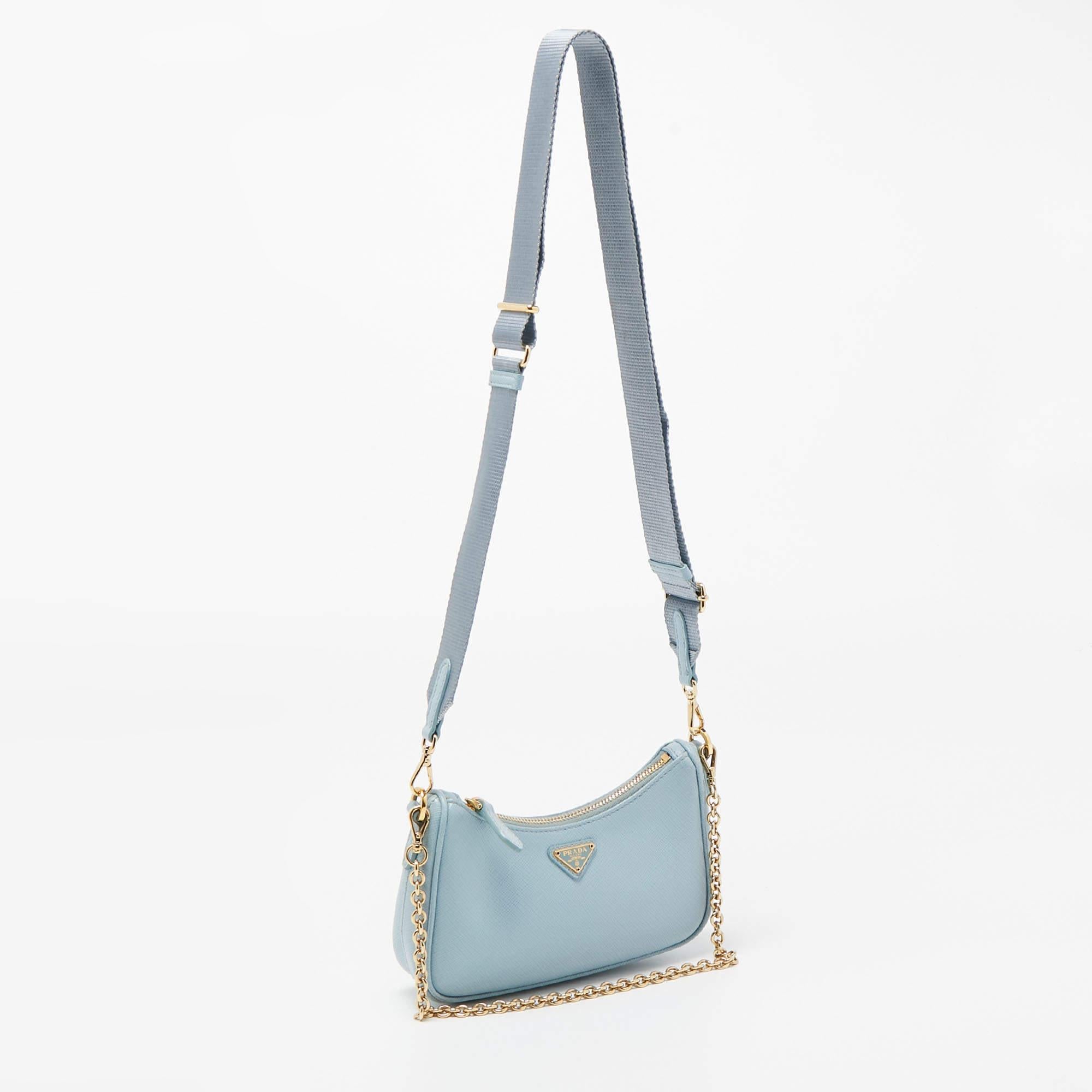 Prada Light Blue Saffiano Lux Leather Mini Re-Edition Pochette Bag For Sale 7