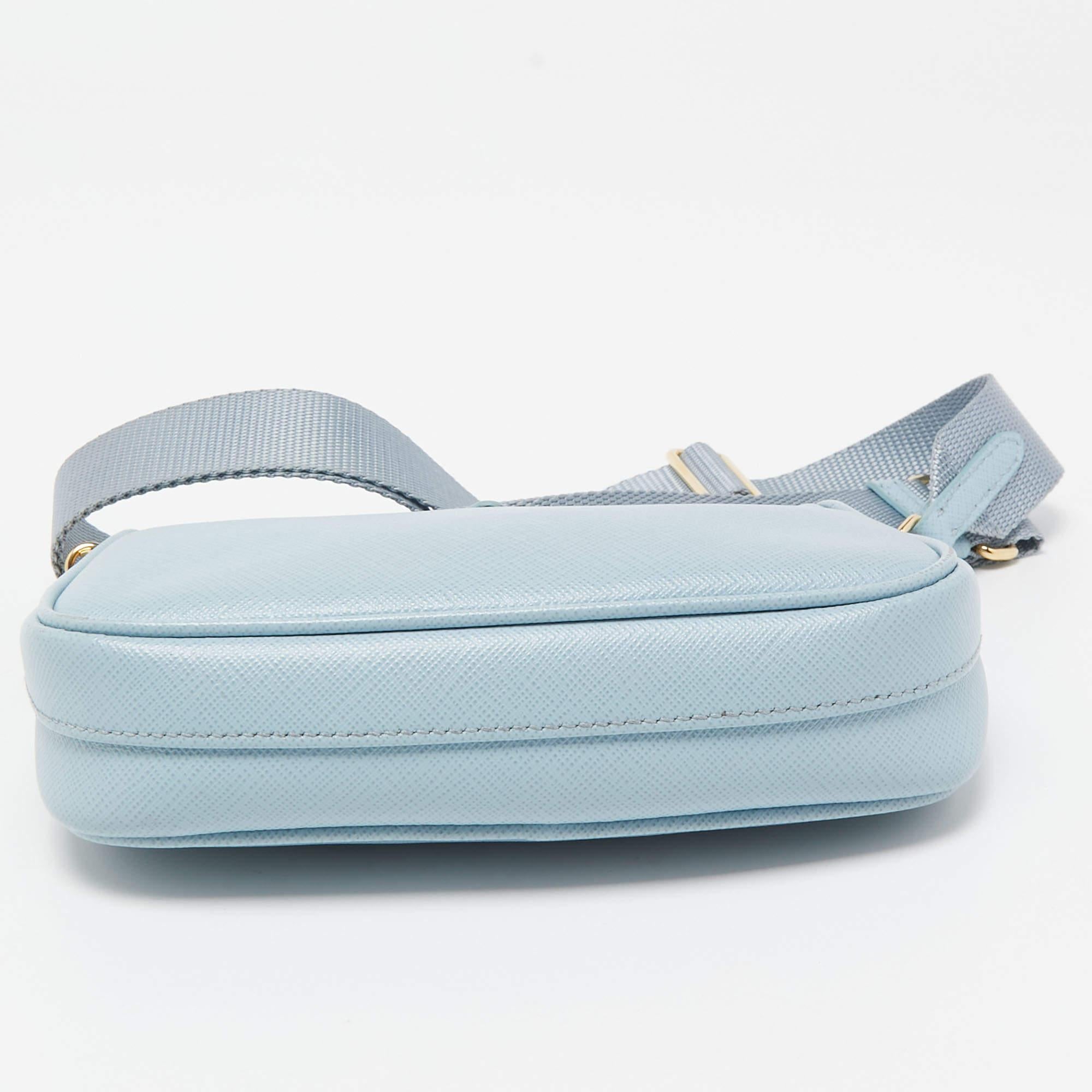 Prada Light Blue Saffiano Lux Leather Mini Re-Edition Pochette Bag In Good Condition For Sale In Dubai, Al Qouz 2