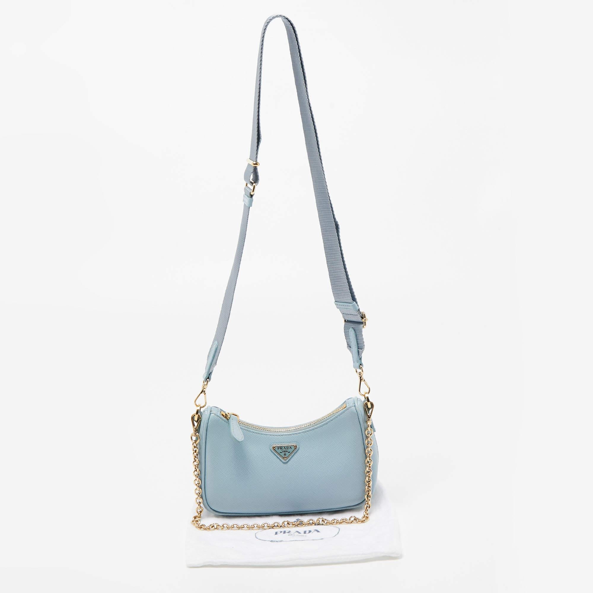 Prada Light Blue Saffiano Lux Leather Mini Re-Edition Pochette Bag For Sale 2