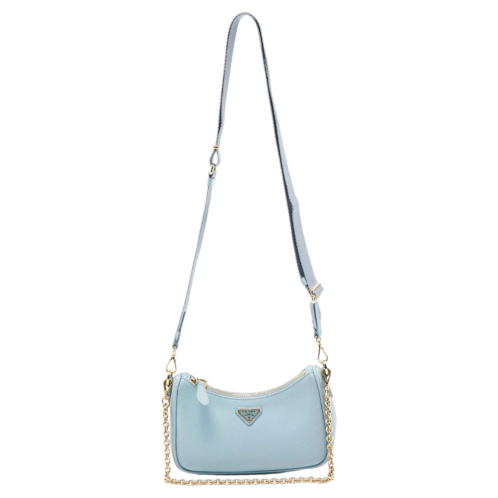 Prada Light Blue Saffiano Lux Leather Mini Re-Edition Pochette Bag For Sale