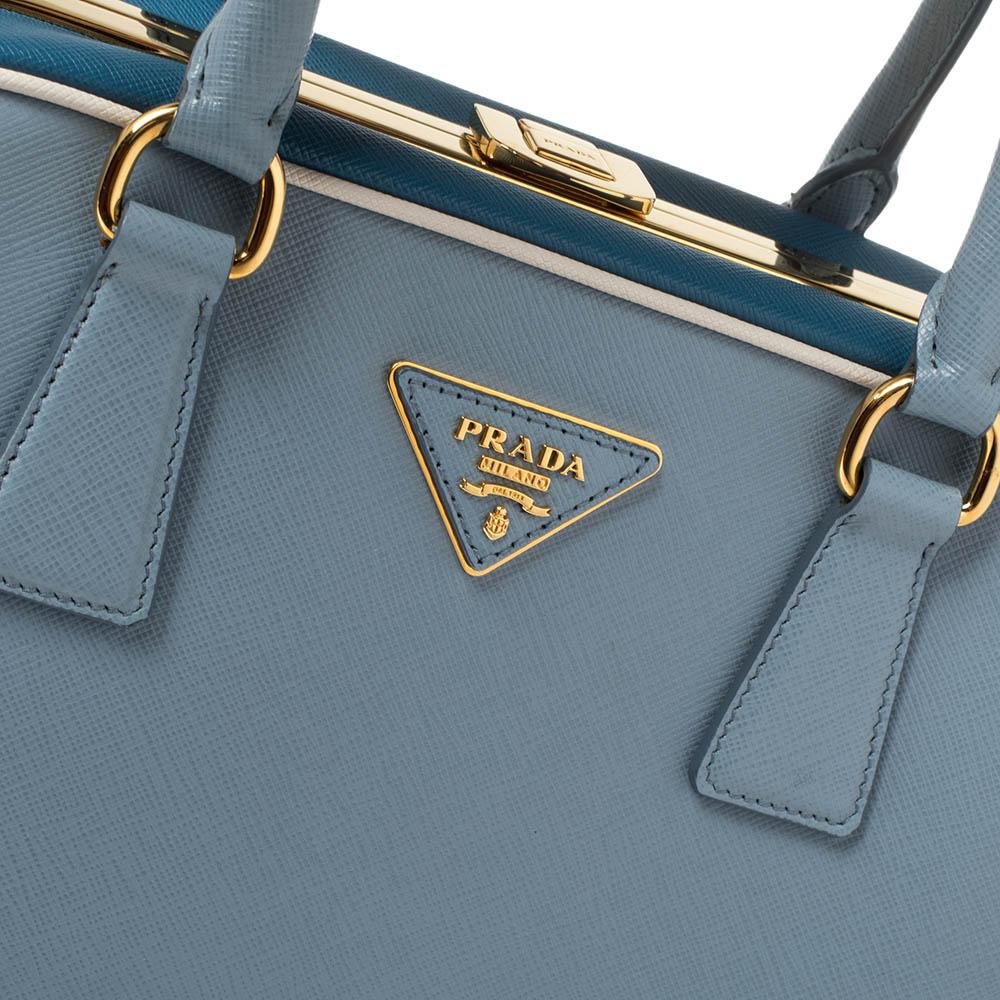 Prada Light Blue Saffiano Lux Leather Pyramid Frame Satchel In Good Condition In Dubai, Al Qouz 2