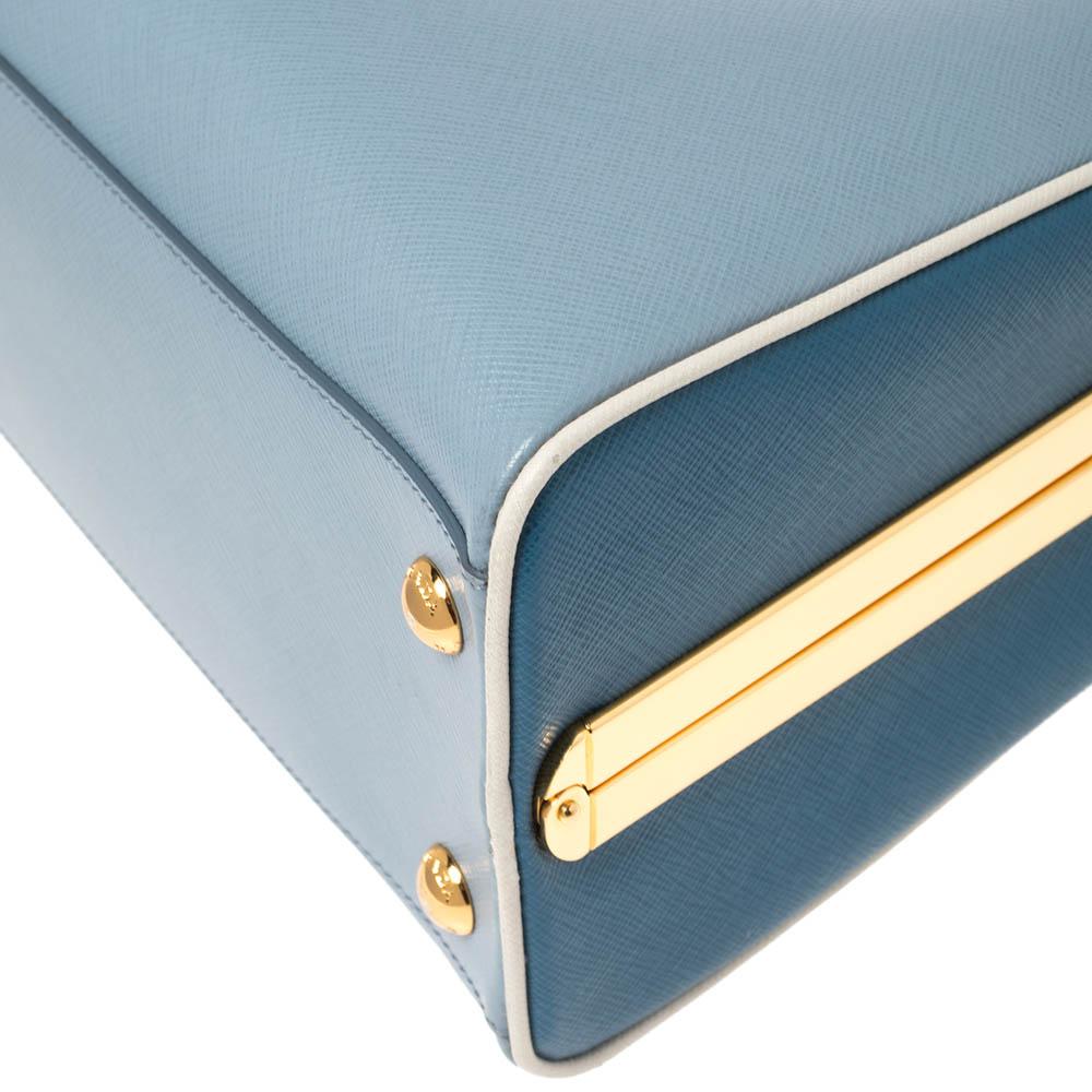Women's Prada Light Blue Saffiano Lux Leather Pyramid Frame Satchel