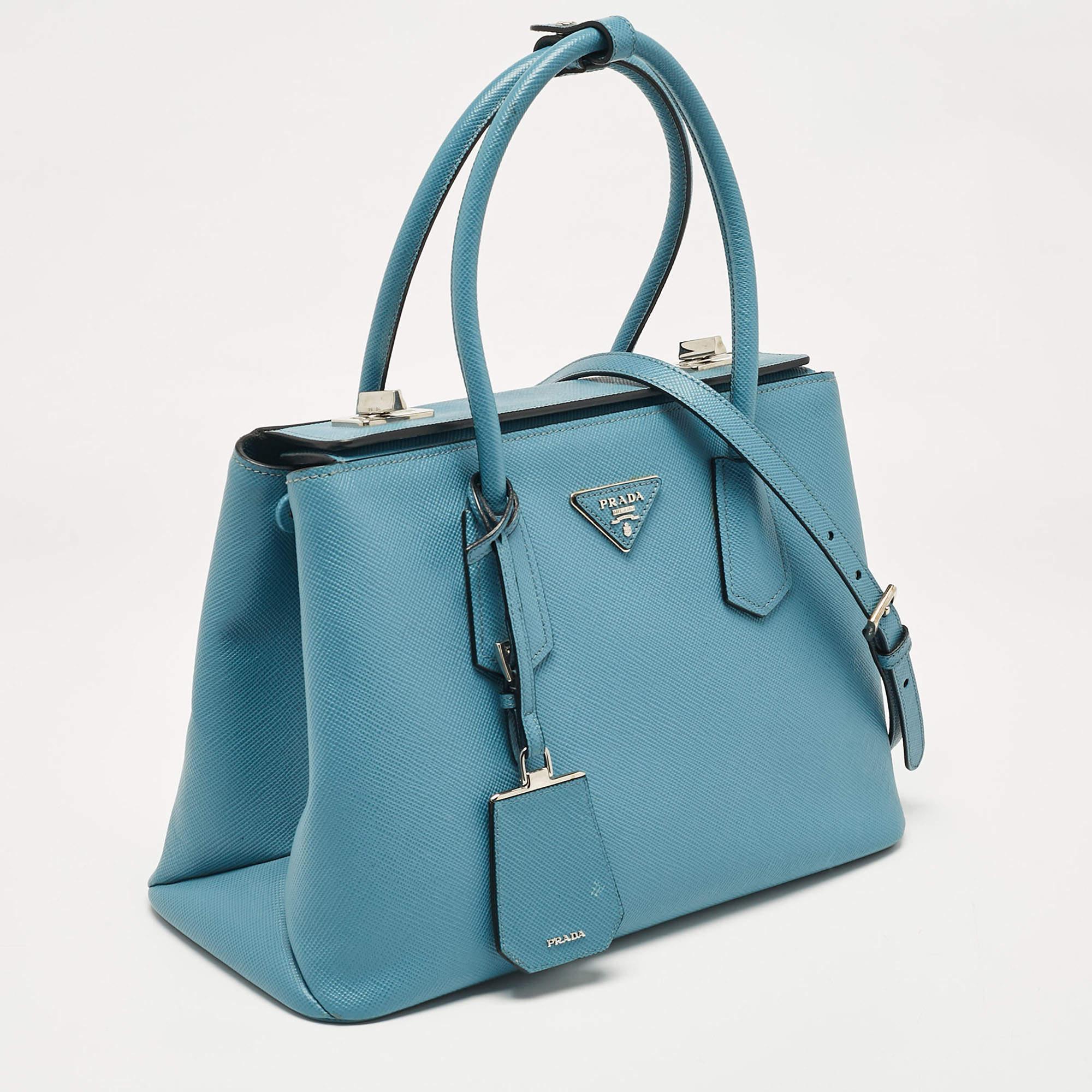 Prada Light Blue Saffiano Lux Leather Twin Tote In Good Condition In Dubai, Al Qouz 2