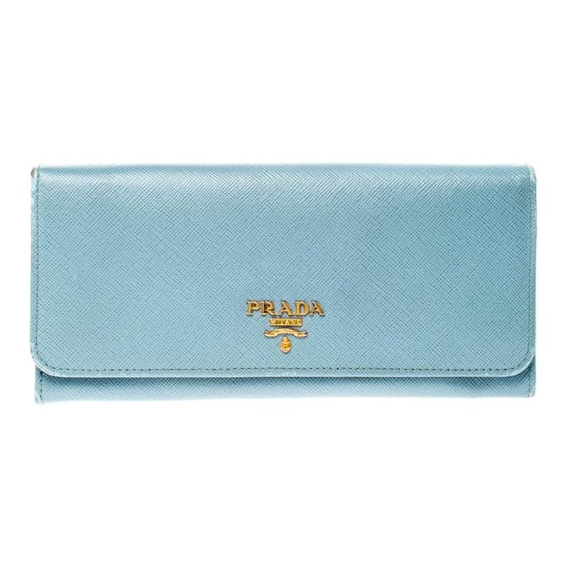 Prada Light Blue Saffiano Metal Leather Continental Flap Wallet