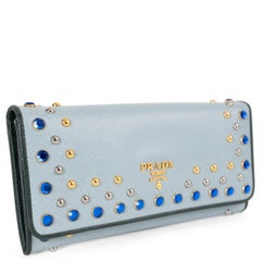 PRADA light blue Saffiano Vernice leather CRYSTAL STUDDED Wallet 1M1132