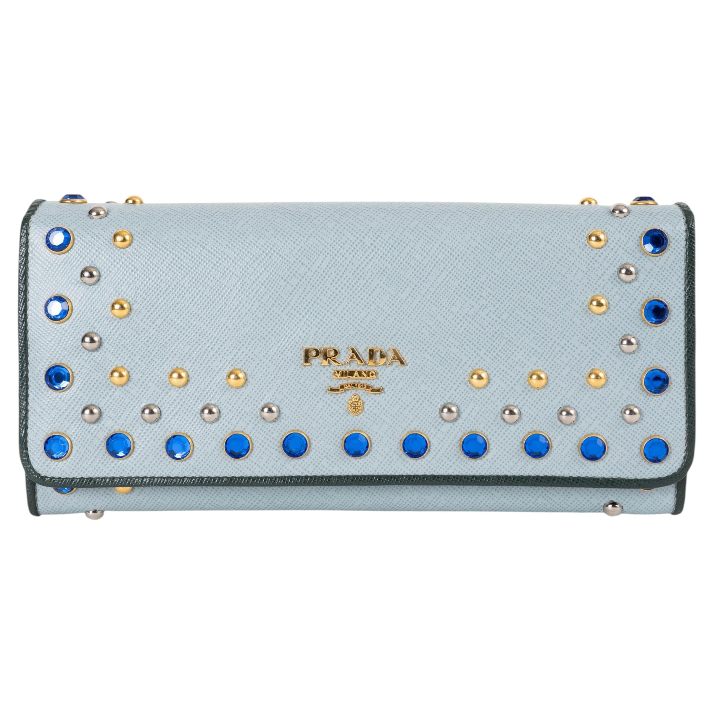 PRADA light blue Saffiano Vernice leather CRYSTAL STUDDED Wallet 1M1132