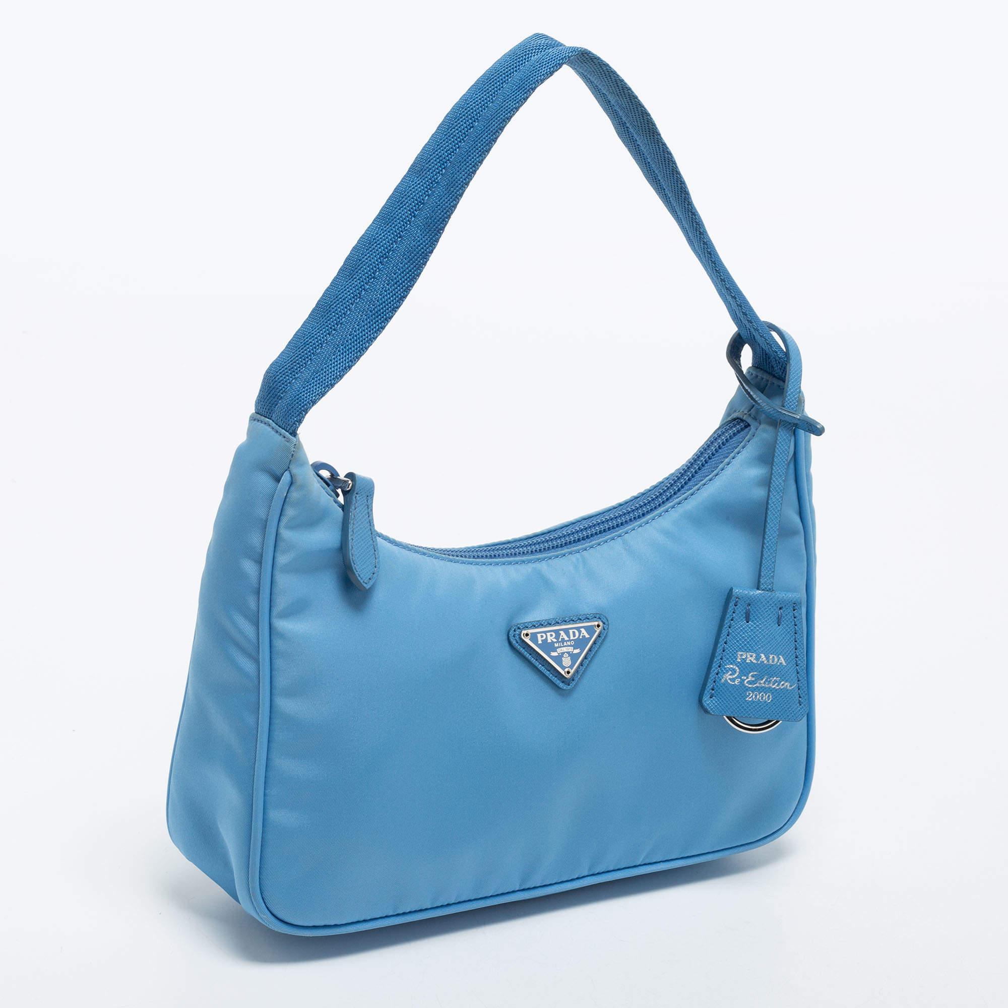 Prada Light Blue Tessuto Nylon Mini Re-Edition 2000 Baguette Bag In Good Condition In Dubai, Al Qouz 2