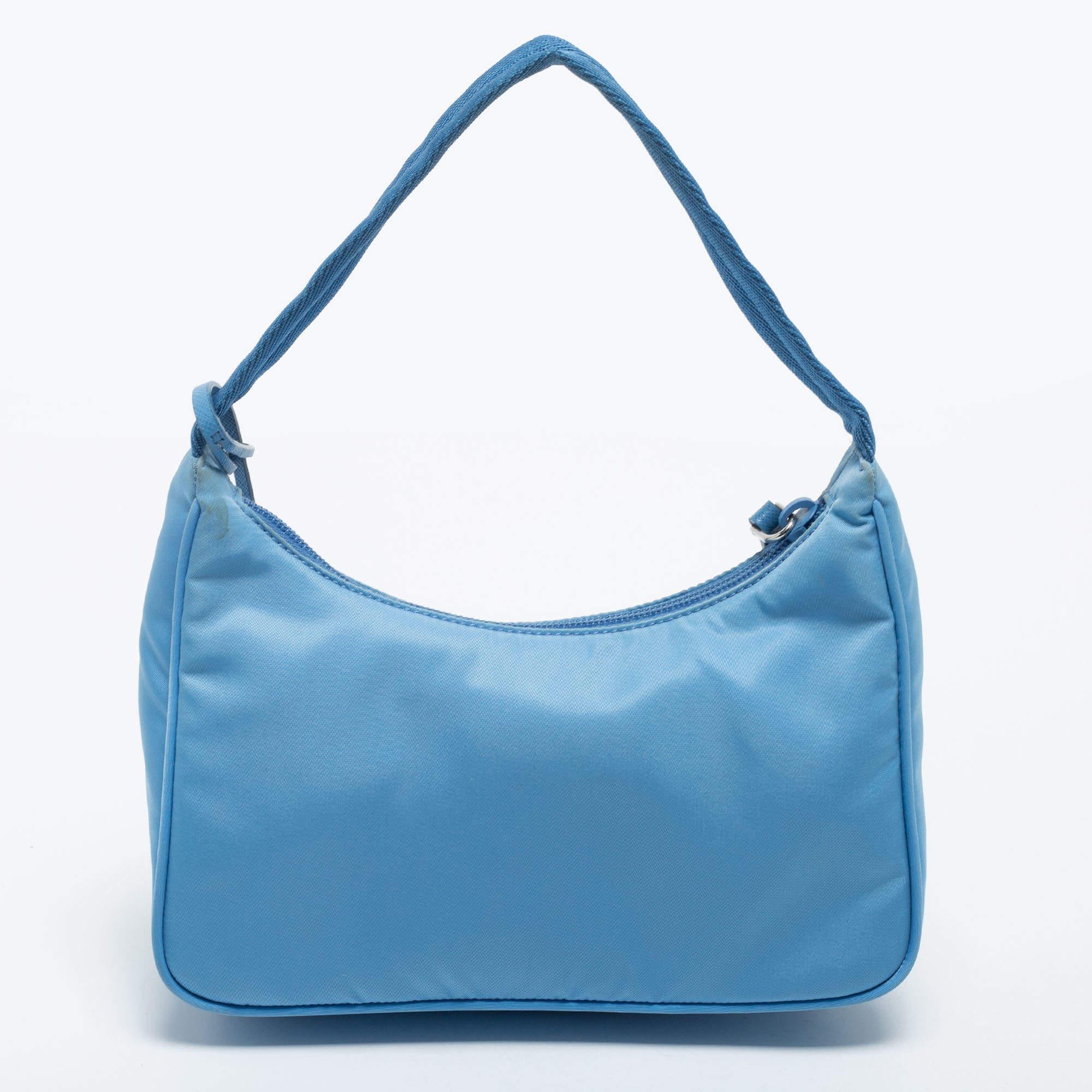 Women's Prada Light Blue Tessuto Nylon Mini Re-Edition 2000 Baguette Bag