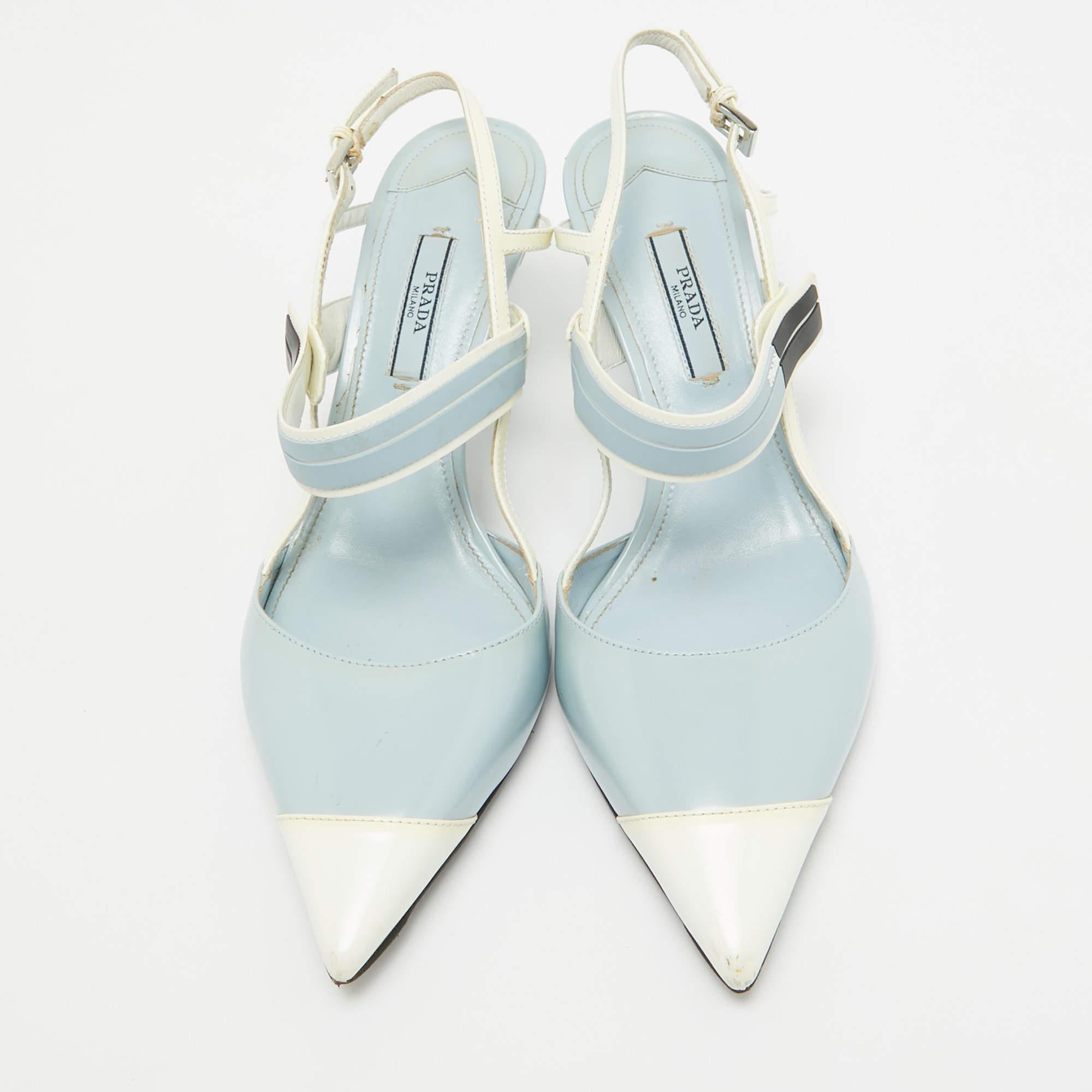 Gray Prada Light Blue/White Leather and Rubber Pointed-Toe Slingback Pumps Size 37