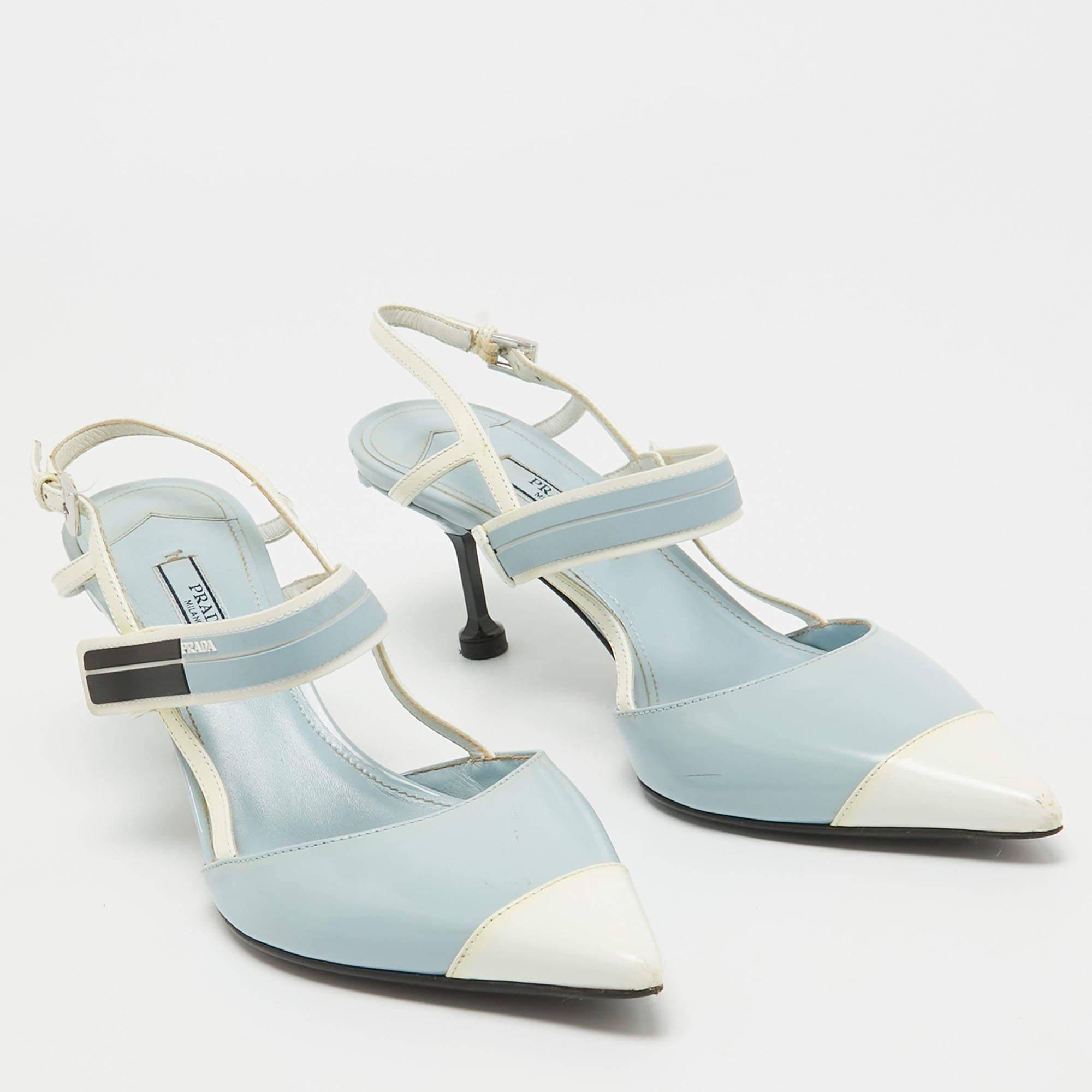 Prada Light Blue/White Leather and Rubber Pointed-Toe Slingback Pumps Size 37 In Fair Condition In Dubai, Al Qouz 2