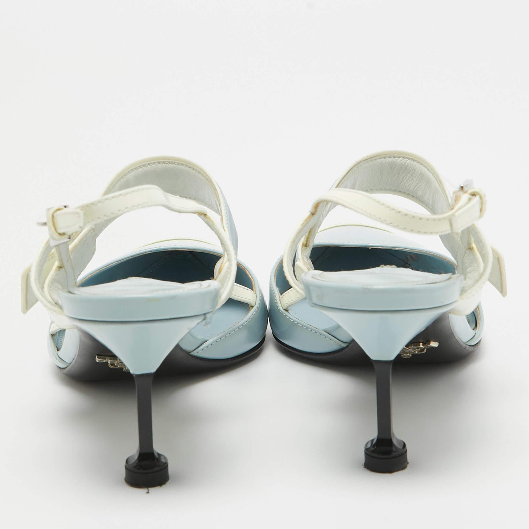 Women's Prada Light Blue/White Leather and Rubber Pointed-Toe Slingback Pumps Size 37