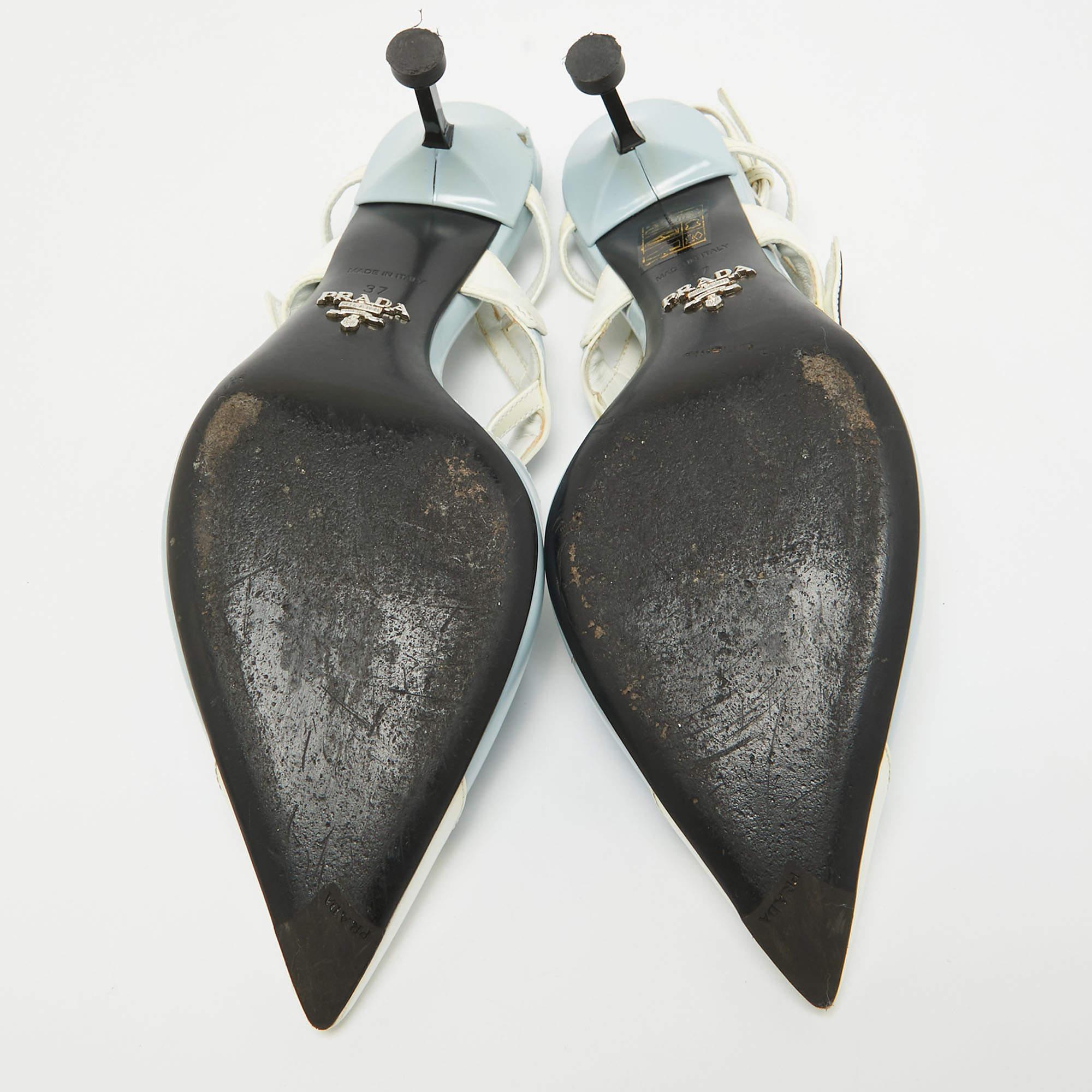 Prada Light Blue/White Leather and Rubber Pointed-Toe Slingback Pumps Size 37 1