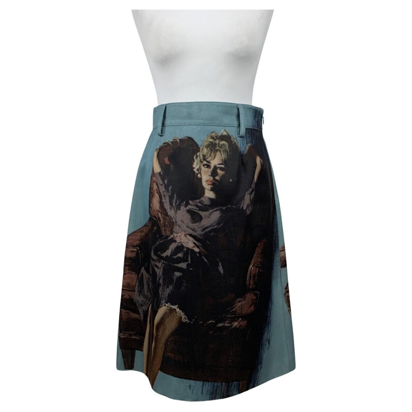 Prada Light Blue Wool Blend Poster Woman Print Midi Skirt Size 38 IT