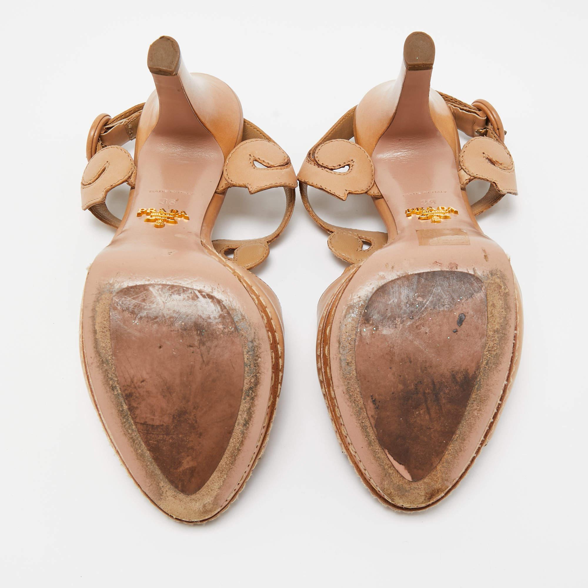 Prada Light Brown Leather Cut Out Platform Ankle Strap Sandals Size 36 For Sale 1
