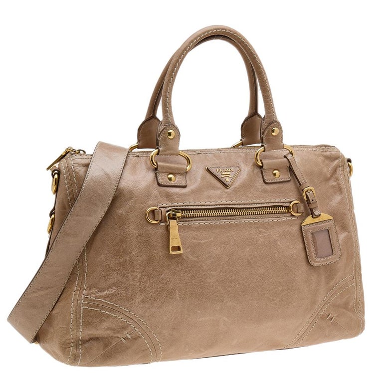 Prada Light Brown Leather Shopper Tote For Sale at 1stDibs