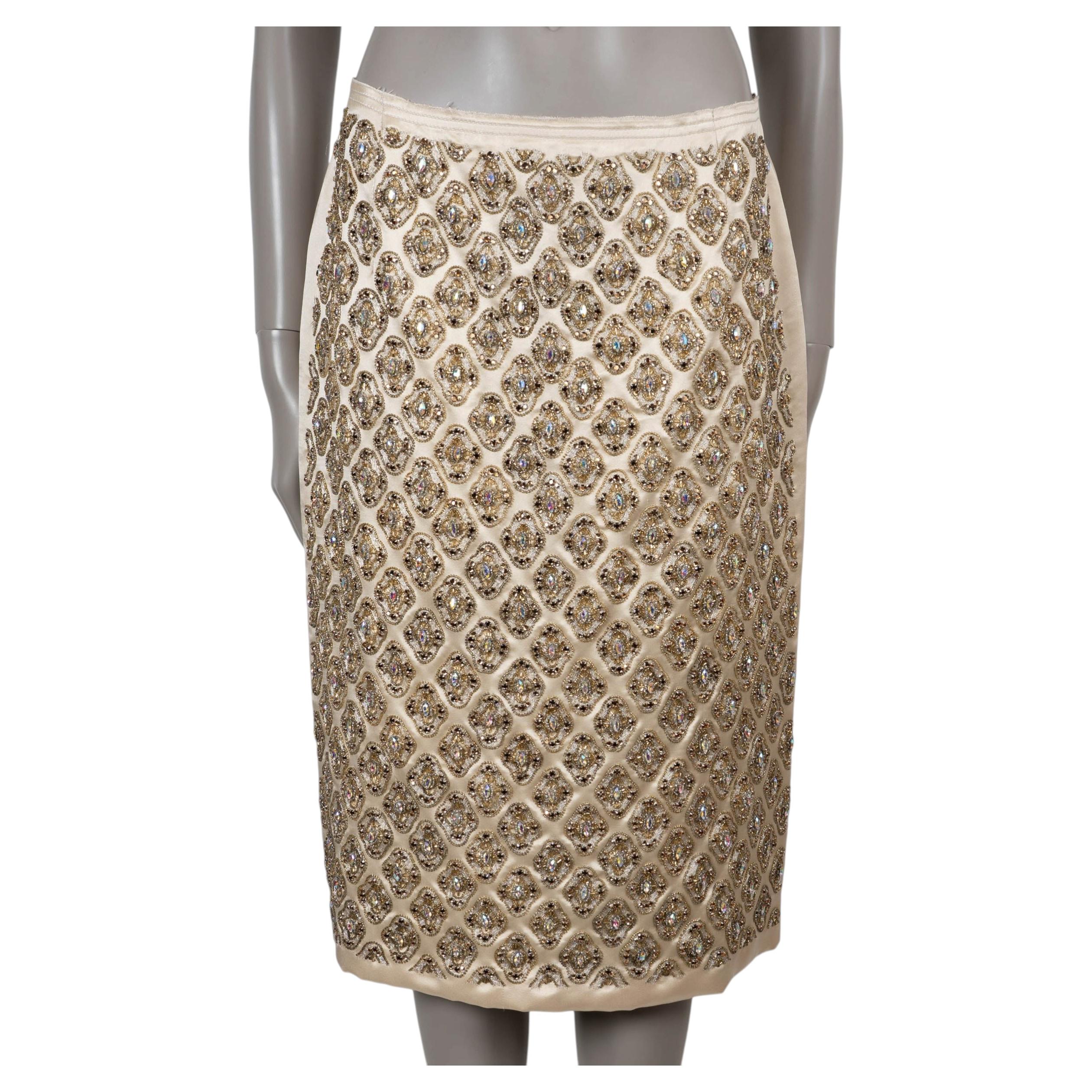 PRADA light gold silk 2004 CRYSTAL EMBELLISHED SATIN Skirt 44 L